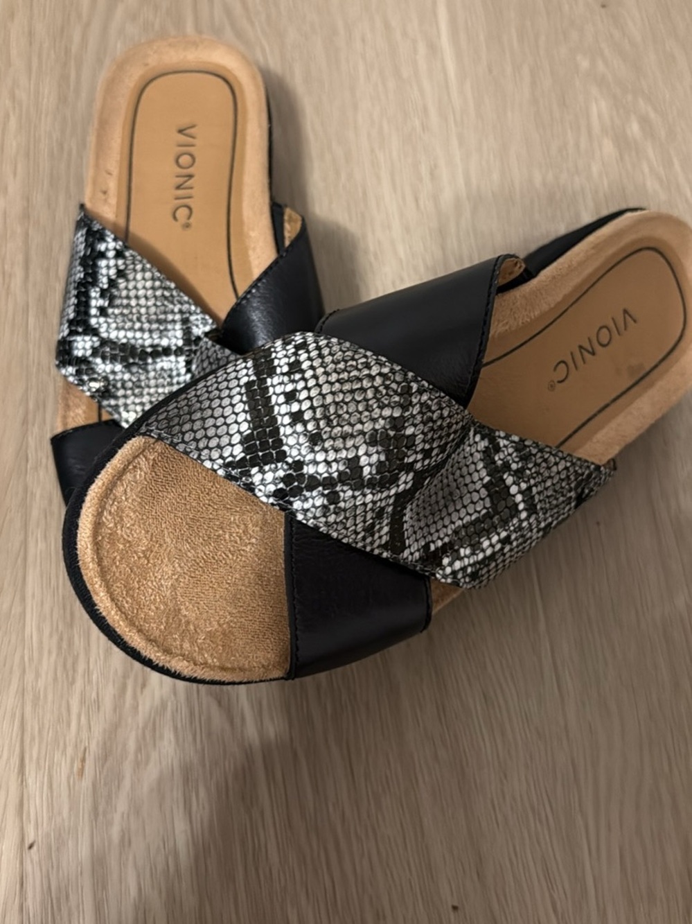 Vionic Black with Gray Snake-Print Crossover Slide Mules